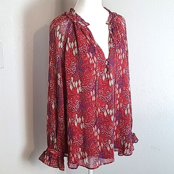 LOFT Red Sheer Blouse, Blue & White Print, Ruffled Collar & Cuffs, Size XL - Picture 4 of 13